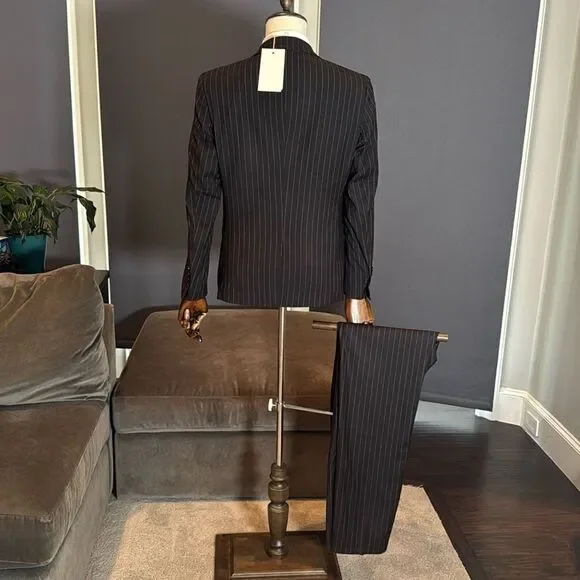 Men’s Black Pinstripe 3 Piece Suit 2 Button Closure Size 44 Jacket 40 Pants NEW